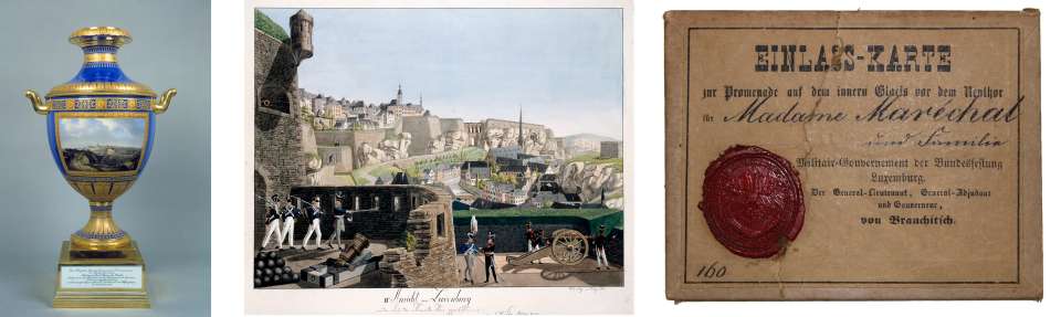 Vase du Moulin avec une vue de la ville de Luxembourg par J.-B. Fresez, 1840 / IIIte Ansicht von Luxemburg, C.W. Selig, 1814 / Einlasskarte zur Promenade auf dem inneren Glacis, 1860-1867